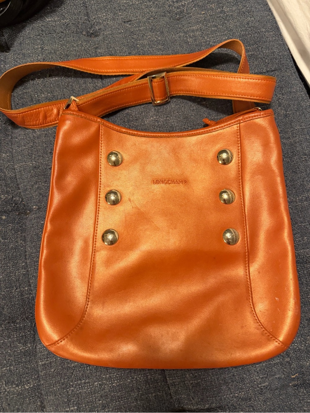 Vintage Longchamp Orange Leather Stud-Accent Crossbody Bag